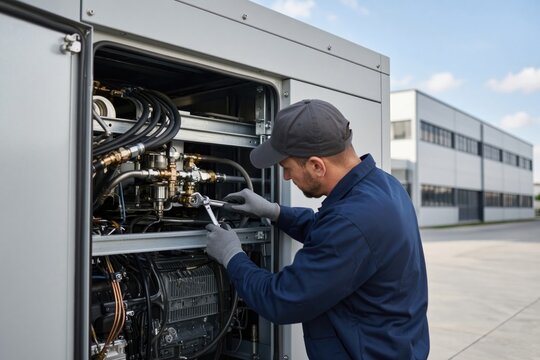 Technician servicing cooling equipment of outdoor data center unit
