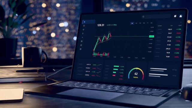 Opening lid, clamshell laptop showing live market dashboard at night desk, with phone and mouse