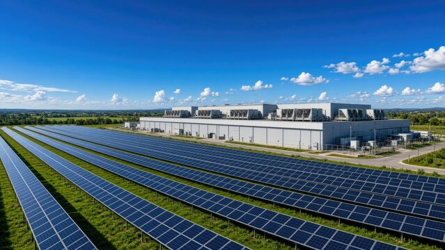 Solar farm rows in front of large data center facility under blue sky