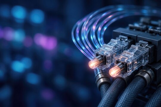 Glowing optical network connectors on dark bokeh background, close-up