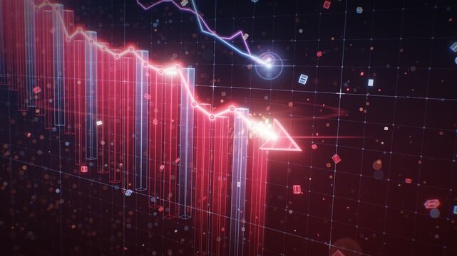 Recession falling economy chart 3d red line graph and bars crashing down with arrow sparks seamless loop