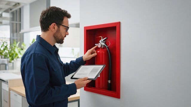 Inspector with tablet checking fire extinguisher in wall cabinet