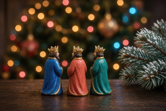 Three ornate figurines in vibrant attire, positioned before glowing holiday tree.