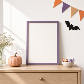 Bright purple frame stands against wall, adorned with festive Halloween decor, pumpkin, bat