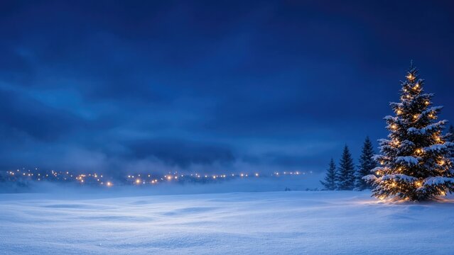 Serene winter scene with snow-covered landscape illuminated by distant lights