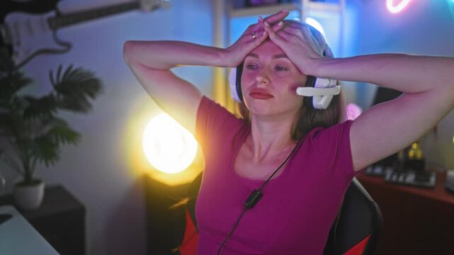 Young woman gamer wearing headset holds hands to forehead in frustration in a streaming studio; frustration determination.