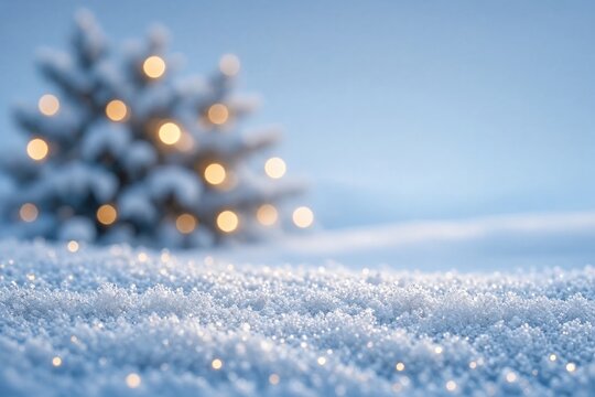 Glistening snow covers ground, illuminated by soft lights from distant tree, tranquil