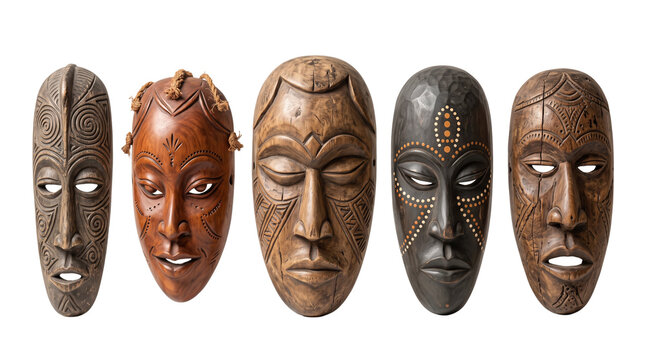 Traditional African wooden masks set, hand-carved tribal face sculptures, ethnic wood carvings for interior decor and cultural exhibitions isolated PNG with Transparent Background