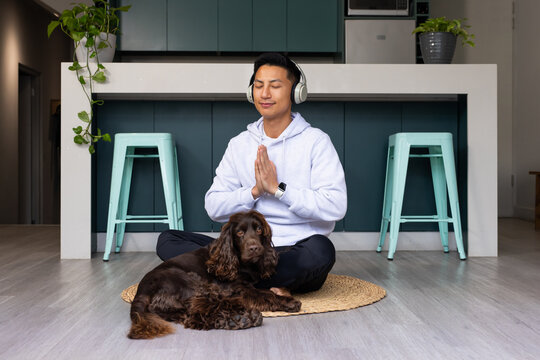 Asian man sitting cross-legged on woven mat at kitchen island meditating with hoodie headphones dog
