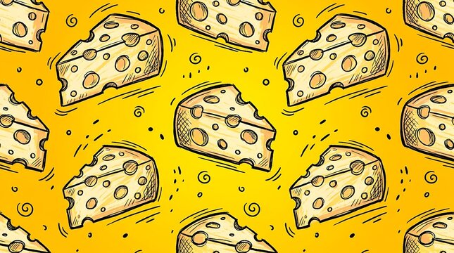 Seamless pattern with hand drawn yellow cheese wedges on a bright yellow background for food packaging and kitchen decor