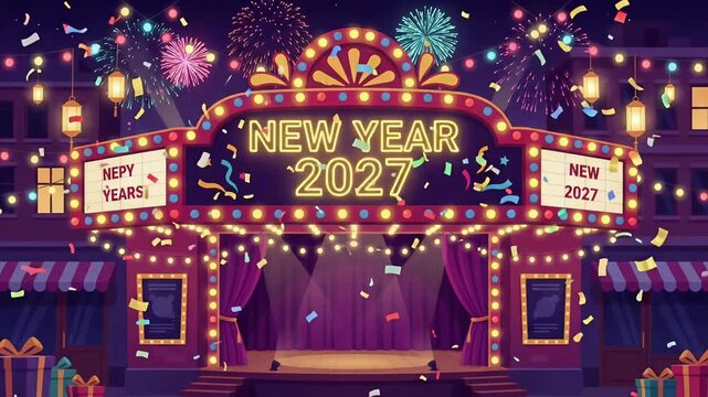 Theater marquee lights celebration animation, new year party motion graphic background
