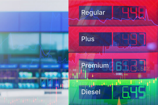 Fuel price comparison display with regular, plus, premium and diesel labels overlaid with financial charts and market data. Energy costs, fuel pricing and petroleum market analysis concept.