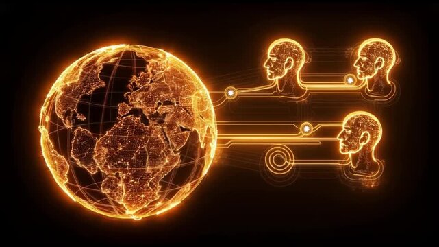 Earth rotates and connects to a human brain through glowing circuitry globe planet geography world mind intelligence connection circuitry network