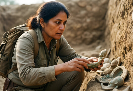 Archaeology and historical discovery, female archaeologist examining ancient artifacts and pottery in an excavation site with focus and curiosity
