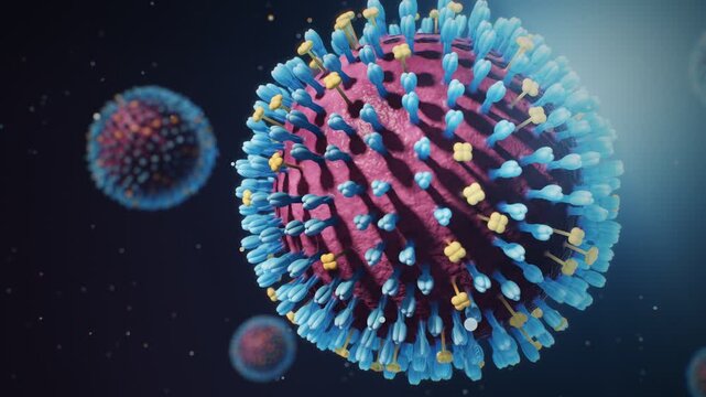 Influenza Virus Close Up 3D Rotating Virion With Surface Protein Spikes