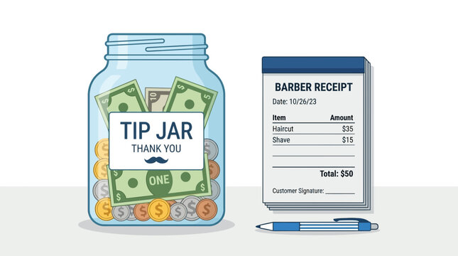 Barber Shop Tip Jar and Receipt Vector Illustration