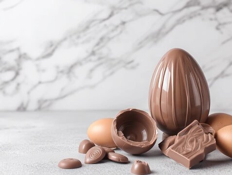 Chocolate easter eggs and pieces on marble background