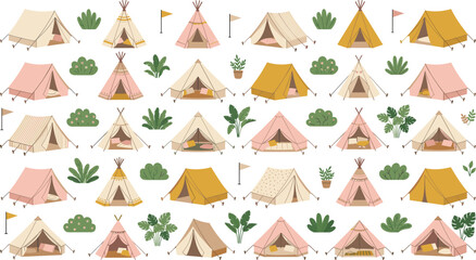Camping tents and teepee vector icons set with cozy bohemian glamping elements and bushes © MdJahangir