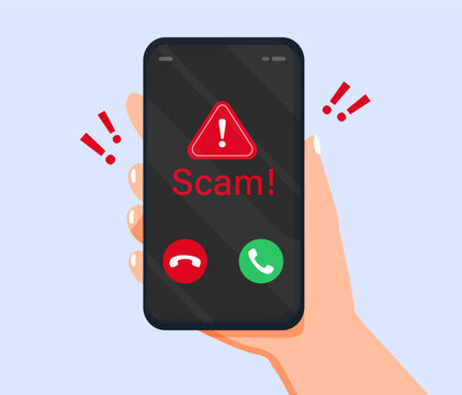 Smartphone screen showing a scam call warning with red alert icons, illustrating phone fraud, spam calls caller spoofing
