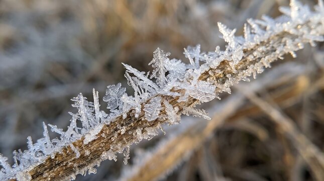 White Hoarfrost Crystals on Dry Plant Stem in Winter Morning Macro