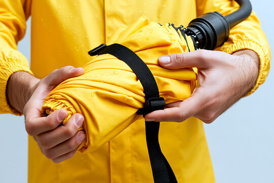Man in yellow raincoat holding folded yellow umbrella with water droplets, prepared for rainy weather outdoors