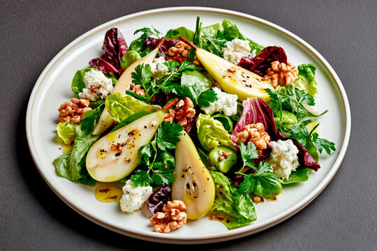 Fresh pear salad with walnuts, leafy greens, soft cheese and herbs served on a plate with savory dressing