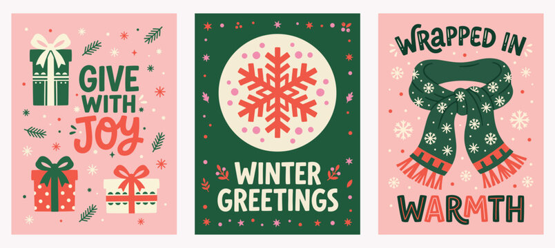 Vector Set of three festive holiday greeting cards featuring wrapped present boxes with bows, a large red snowflake, and a cozy patterned winter scarf Christmas Card