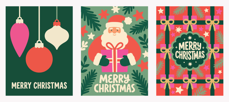 Vector Set of three retro festive greeting cards featuring hanging bauble ornaments, Santa Claus holding a present, and a Merry Christmas label over gift boxes Christmas Card