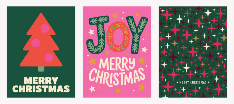 Vector Set of three retro festive holiday greeting cards featuring a red pine tree, bold joy typography with a wreath, and a sparkling star pattern background Christmas Card