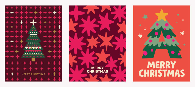 Vector Set of three retro festive holiday greeting cards featuring a stylized green pine tree with geometric patterns, a bold star pattern, and a large letter A tree Christmas Card