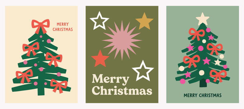 Vector Set of three retro festive holiday greeting cards featuring abstract Christmas trees with red bows and stars alongside Merry Christmas typography Christmas Card