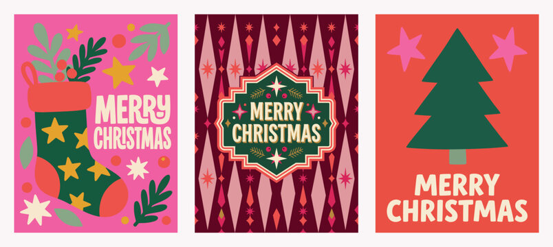Vector Set of three modern holiday greeting cards featuring festive typography, traditional botanical elements, a decorated stocking, geometric patterns, and pine tr Christmas Card