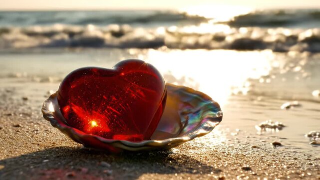 A shiny red glass heart resting inside an abalone shell on a sandy beach at sunset