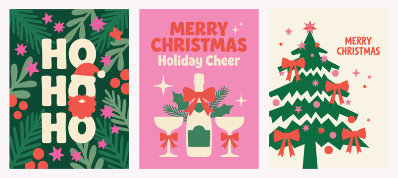 Vector Set of three retro festive greeting cards featuring bold holiday typography, a Santa Claus illustration, champagne glasses, and a decorated tree Christmas Card