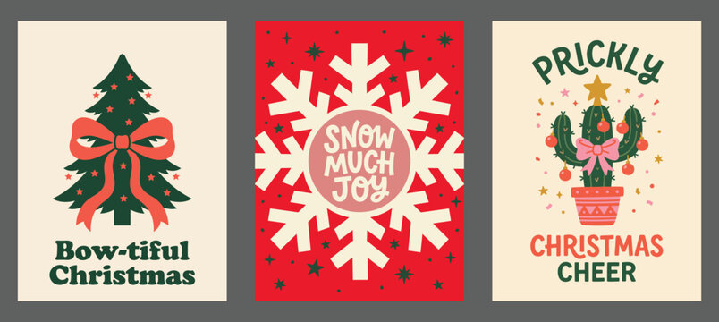 Vector Set of three retro festive greeting cards featuring a green pine tree with a red bow, a large white snowflake with typography, and a decorated potted cactus Christmas Card