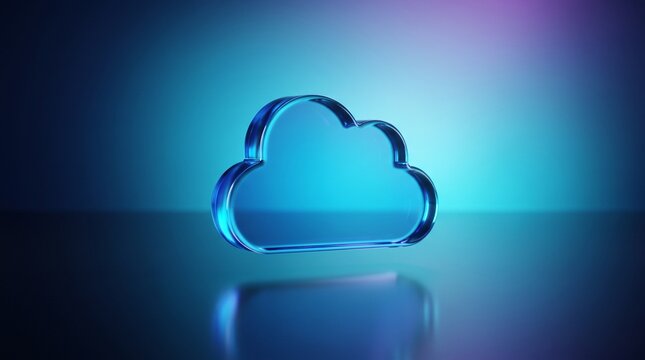 A transparent glass cloud icon floating above a reflective surface with a blue gradient background with shape