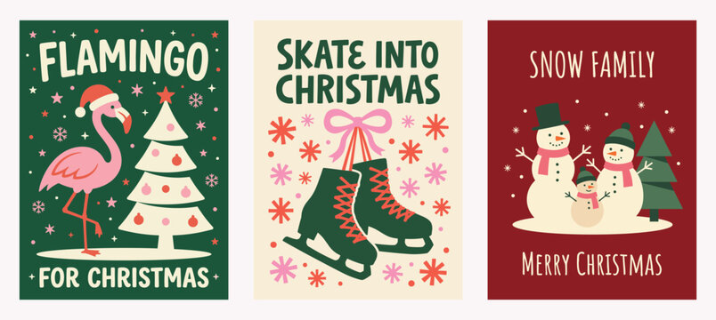 Vector Set of three retro festive holiday greeting cards featuring a flamingo wearing a santa hat, ice skates, and a snow family Christmas Card