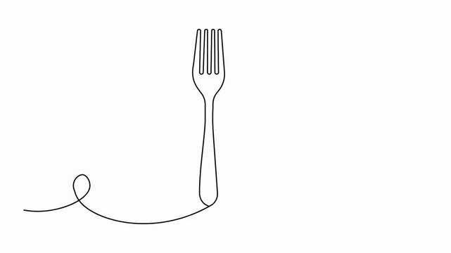 Fork and knife line animation showing continuous black stroke drawing cutlery on a white background. Motion graphics animation.