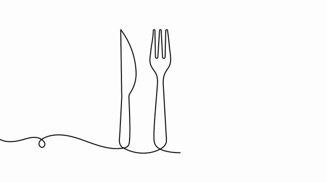 Fork and knife line animation showing continuous black stroke drawing cutlery on a white background. Motion graphics animation.