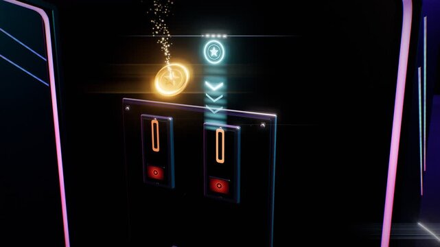 Futuristic 3D Neon Arcade Insert Coin Screen Gold Coin Toss Into Glowing Slot Credit Flash Seamless Loop