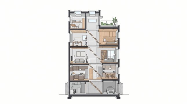 Cross-sectional view of a skip-floor in a small urban house making effective use of limited space