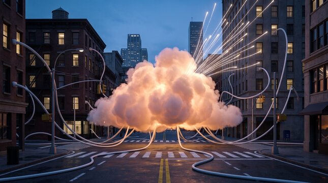 A glowing cloud with light rays hovering in the middle of a city street intersection at twilight with surreal