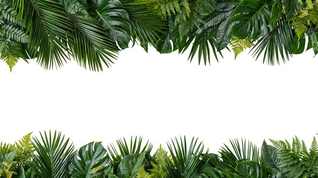 Tropical foliage arranged in horizontal borders at top and bottom of white frame