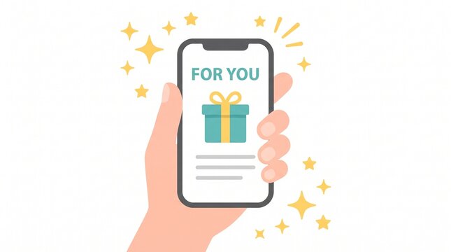 Hand holding a smartphone displaying a gift icon and the text for you on a white background with flat vector