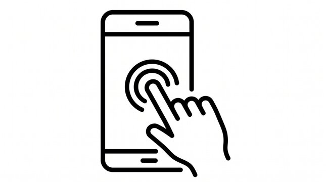 A hand tapping on a smartphone screen represented by a simple black line icon design with human hand pressing