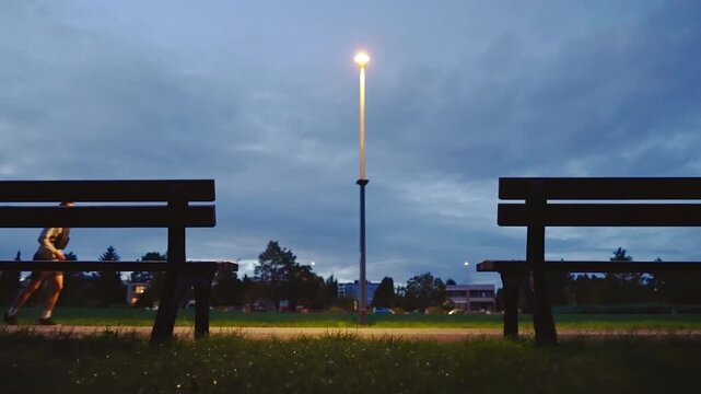 Wide low angle silhouette of a weighted vest runner passing park benches beneath a glowing streetlight at blue hour in slow motion.