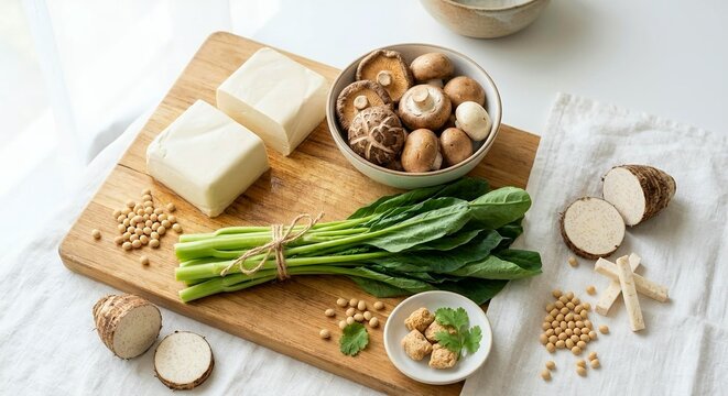 Top view flat lay of fresh organic ingredients for Asian Vegetarian Festival 
