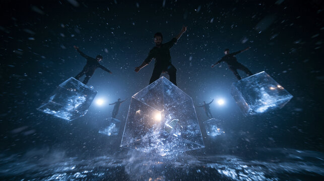 Men Balancing on Floating Glowing Ice Cubes in Darkness