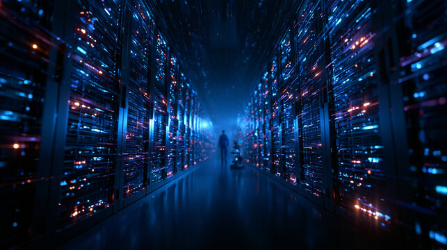 Futuristic Data Center Server Room Corridor with Glowing Server Racks
