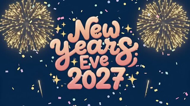 New years eve 2027 celebration, fireworks background with confetti, motion graphic loop

